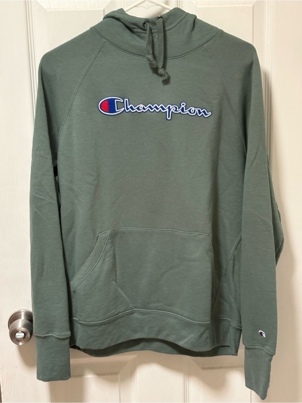 Champion Olive Green Pullover Hoodie with Script Chest Logo